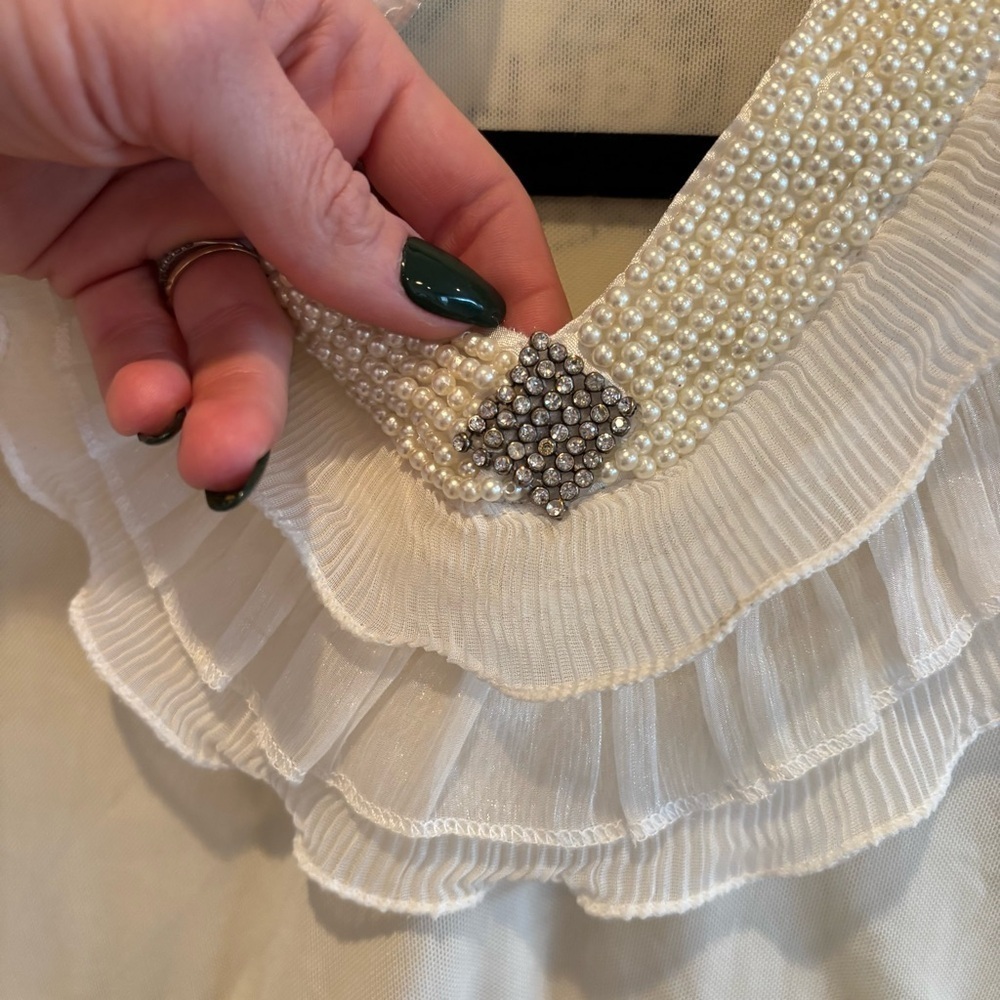 Euro Qian Wan Zi CC Angel Cream Micro Mesh Pearl Gems & Ruffle Long Sleeve L - Picture 4 of 13